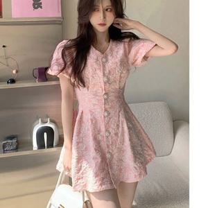 플로아 미니 하객원피스 결혼식룩 피로연 버튼 A라인 원피스 여성 하객룩 꾸안꾸룩 여신핏