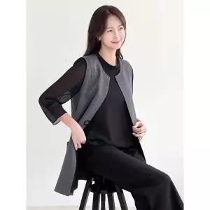 [하프클럽/] 여성 봄 가을 노카라 장식 빅사이즈 정장 롱 조끼 베스트 40-50대