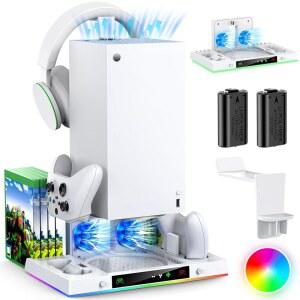 온애이 UPGRADE COOLING FAN DUAL CHARGING STAND FOR SERIES CONSOLE LER COOLER CHARGER STATION SYSTEM XSX WITH 15 RGB LIGHT 2X1400MAH CHARGEABLE BATTERY DISC ACCESSORIES STORAGE WHITE