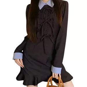 [예쎄오피스] 배색 카라 프릴 리본장식 원피스(S5SOP031A)