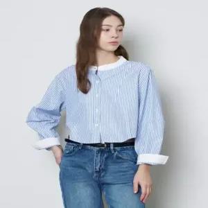 에브리데이]배색 스트라이프 크롭 긴팔 블라우스 EB3BA049D)