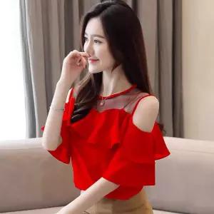 오프숄더 블라우스 프릴 모던 줌바복 라인댄스복 망사 상의 차밍 스윙 밸리댄스 제품 장식