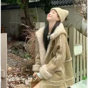 여성 하프 후드 무스탕 자켓 겨울 루즈핏 코트 반코트 페이크 퍼 스웨이드 오버핏 점퍼