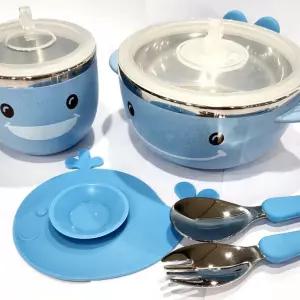 포함 흡착판 식기 스테인리스 용기 식기 5종 포크 밥 세트 스푼 이유식 스텐 유아 그릇