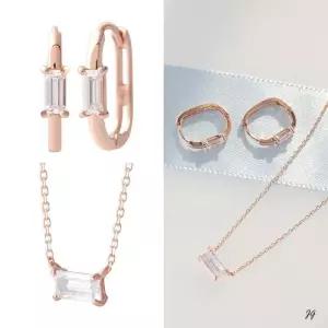 14K 스퀘어 사각 큐빅 원터치링 금 귀걸이 목걸이 세트