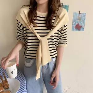 여자 니트 숄 세트 깔끔 라운드넥 스트라이프 반팔티 여성티셔츠 기본 무지