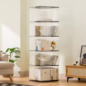 360도 회전 투명 북타워 원목 책장 이동식 3단 4단 코너형 아크릴 책꽂이 수납 선반