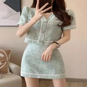 브이넥 트위드 셋업 여성 반팔 세트 미니스커트 세련된 스타일 하객룩 여름 자켓 빅사이즈