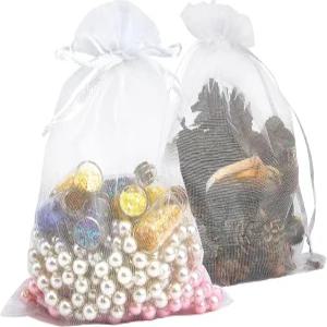 팩이노 100개 화이트 오르간자 백 시어 4x6 인치 스몰 메시 드로스트링 파티용 주얼리 선물 가방 캔디