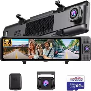 12인치 후면 미러 카메라 3채널 4K 블랙박스 전면 인사이드 및 Rea1080P 스마트 풀터치 스크린 백업 WDR