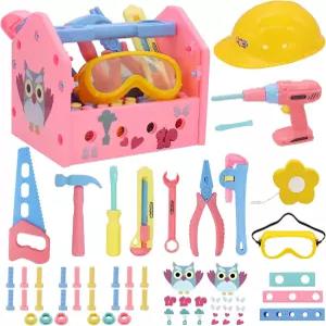 Magic4u 장난감 도구 세트 소녀 시늉 놀이 건설 액세서리 모자 상자 줄자 전기 드릴 해머