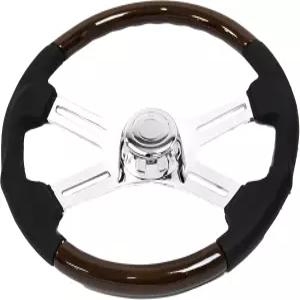 클래식 우드 및 가죽 스티어링 휠 18인치 크롬 스포크 4개 블랙 브라운