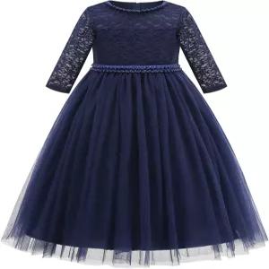 울리카 플라워 걸 드레스 빈티지 플로럴 레이스 3/4 소매 웨딩 정장 파티 생일 툴레 펄 볼