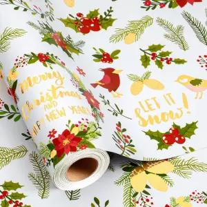 메이플러스 크리스마스 화환 포장지 - 17인치 X 33피트 아름다운 홀리데이 빈티지 홀리 베리 레드 플라워