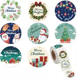 BANPUBASE 600PCS 크리스마스 봉투 스티커 1.5인치 원형 메리 8가지 겨울 디자인 장식 봉인 카드 선물 상자