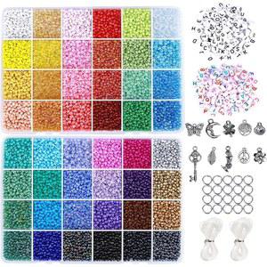 팔찌 제작용 그린타임 3MM 비즈 키트 35000 작은 유리 8개/0 무지개 세트 공예용 레터 탄력 끈 매력 48가지 색상