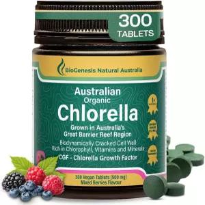 바이오제네시스 유기농 클로렐라 정제 - 300 카운트(500mg) 혼합 베리 호주 재배 바이오다이나믹 균열