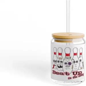 3D 로즈 골목 볼링 핀 스포츠 디자인 유머 대나무 뚜껑과 빨대가 달린 16온스 시퍼 글래스