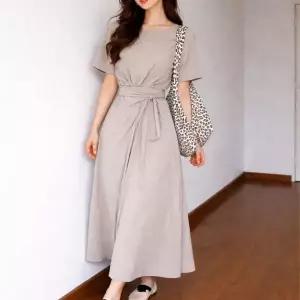 [하프클럽/]여자 반팔 라운드넥 허리 스트랩 슬림핏 롱원피스