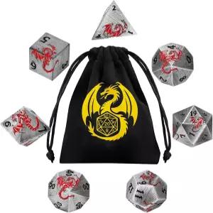 DND 주사위 세트 메탈 7pcs 다면체 드래곤 테마 D 스타터 롤플레잉 보드 게임 액세서리 백이 포함된 선물