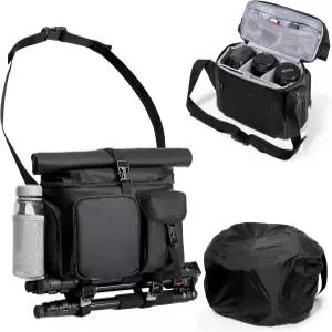 삼각대 홀더 레인 커버 및 숨겨진 물병 홀더가 있는 스마스롭 카메라 가방 수납 섹션이 추가된 슬링백 블랙