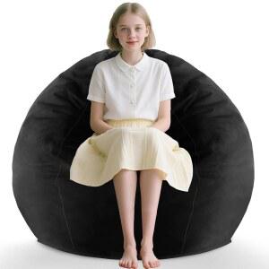 심플래그 2피트 빈백 의자, 메모리 폼이 채워진 편안한 더치 벨벳 커버가 있는 푹신한 소파, 거실용 티어드롭 놀이방 - 블랙