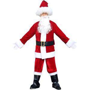 성인 산타복 세트 상의 하의 벨트 수염 후드 포함 연말 파티 코스튬 산타클로스 복장 3XL