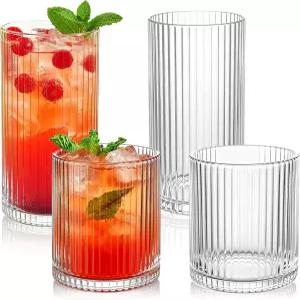 럼킷 리브드 드링킹 글라스 4개 12온스 및 10온스 유리 제품 결혼식용 텀블러 컵 세트 파티 크리스마스