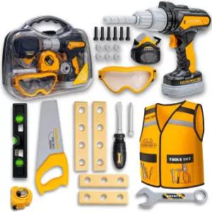 휴대용 케이스가 포함된 어린이 도구 세트 비트 및 건설 조끼가 전자 장난감 드릴 - 안전 구글 가스 실드