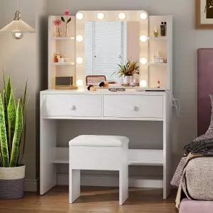 거울과 조명이 있는 해원 화이트 메이크업 화장대 전원 콘센트가 작은 수납 서랍 및 의자 10개의 LED