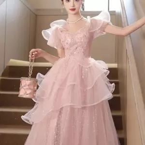 핑크드레스 셀프웨딩 고급 연주회 핑크 프렌치 빅사이즈