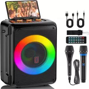 2개의 마이크가 있는 노래방 기계 휴대용 블루투스 5.3 스피커 야외용 DJ 라이트가 홈 파티 이벤트 모임 PA