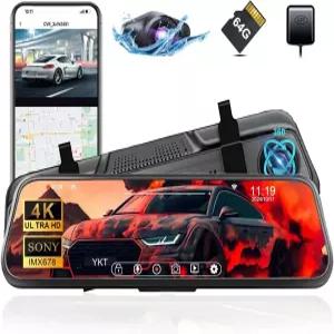 YKT 4K 미러 대시캠 2K 카메라와 64GB 카드가 장착된 차량용 리어 뷰 카메라 10인치 터치스크린 전면 및