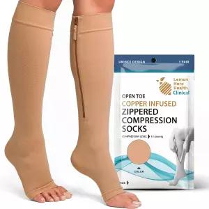 레몬 히어로 구리 주입 오픈토 지퍼 압박 스타킹 15-20mmHg 남녀 공용 토리스 무릎 길이 순환 및 정맥류