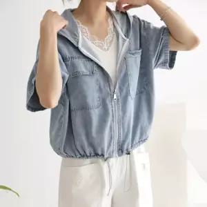 여성 여름 밑단 스트링 후드 반팔 데님 자켓 청 점퍼 JK0093S 빅사이즈 루즈핏
