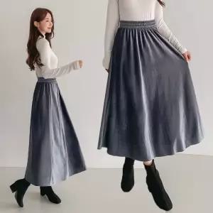 여성 봄 가을 벨벳 스판 밴딩 플레어 롱 스커트 벨로아 훌 A라인 치마 SK0109S