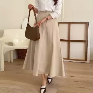 여성 봄 가을 뒷밴딩 코튼 절개 플레어 롱 스커트 A라인 치마 하객룩 훌스커트 SK0150S
