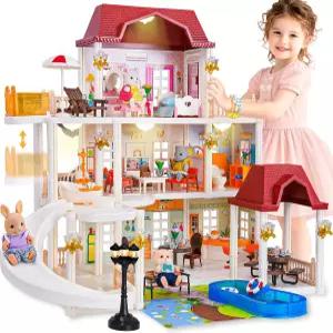 45개의 가구와 액세서리가 있는 TUZT 인형의 집 4개의 동물 인형이 3층 음식 조리 세트 따뜻한 조명 수영장