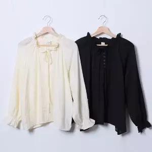 [신세계라이브쇼핑][옷자락] 여성 프릴 리본 작은 단추 퍼프 시스루 빅 봄 블라우스