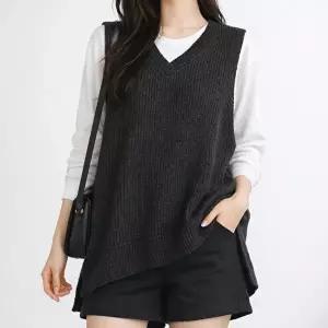 [모든GO]여자 브이넥 니트 조끼 루즈핏 언발 롱베스트 레이어드