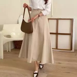 여성 뒷밴딩 코튼 절개 플레어 롱 스커트 A라인 치마 하객룩 훌스커트 -WSK0150- 봄 가을