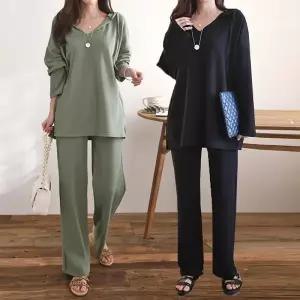 여성 링클프리 스판 브이넥 롱 후드티 밴딩 바지 트레이닝 세트 츄리닝 꾸안꾸 셋업 -WPST0137- 봄 가을