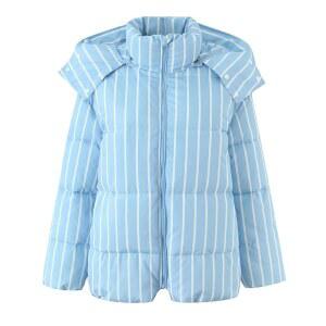 CUFEZN 여성용 후드 스트라이프 패딩 재킷 오버사이즈 겨울 따뜻하고 두꺼운 퀼트 코트 탈착식 블루 소형