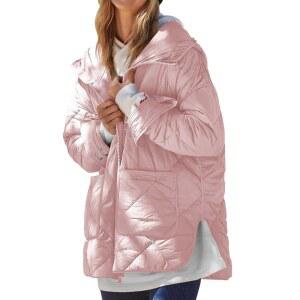 DYEXCES 여성용 퀼트 패딩 재킷 후드 긴소매 집업 겨울 코트 가볍고 따뜻한 주머니 달린 재킷 라이트 핑크