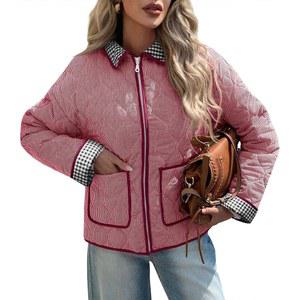 TANKANEO 여성용 크롭 퀼트 재킷 격자무늬 경량 풀 집업 패딩 코트 포켓 레드 XXL