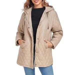 VIDIFID 여성용 오버사이즈 퀼트 재킷 경량 긴소매 풀 지퍼 패딩 캐주얼 후드 코트 포켓 카키 XL