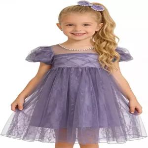 AGQT 플라워 걸 드레스 브이백 러플 슬리브 걸스 툴레 드레스와 보우노트 3T-9T의 결혼식 첫 교감