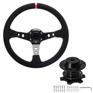 피오델로 유니버설 레이싱 스티어링 휠, 14인치/350mm 깊이 접시 6 볼트 장착 JDM 스포츠 휠 스웨이드 혼 버튼 + 퀵 릴리스 키트 포함 케이블, 렌치 - 블랙 레드