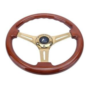 안녕하세요 스포츠 14인치 350mm) 우드 퀵 릴리스 스티어링 휠 6볼트 1.5인치 깊이 접시 골드 크롬 스포크
