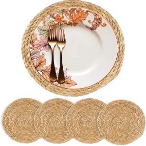 딤폴라 원형 직조 플레이스 매트 13.5인치 세트 4 - 보호 라탄 천연수 히아신스 농가 식탁용 땋은 위커